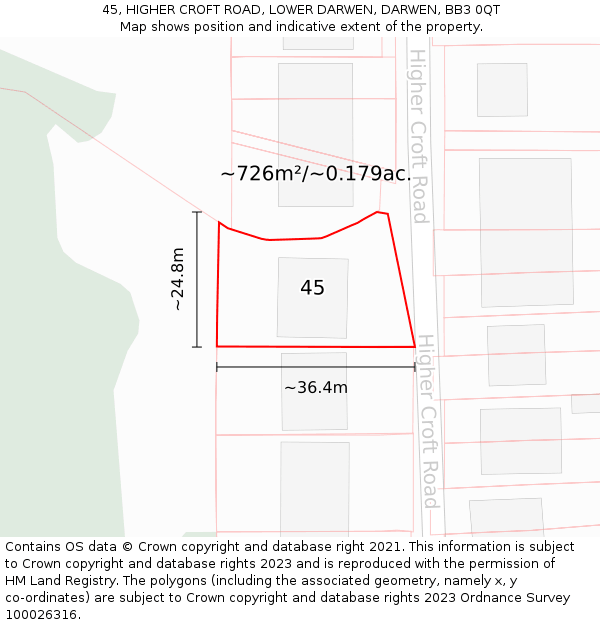 45, HIGHER CROFT ROAD, LOWER DARWEN, DARWEN, BB3 0QT: Plot and title map