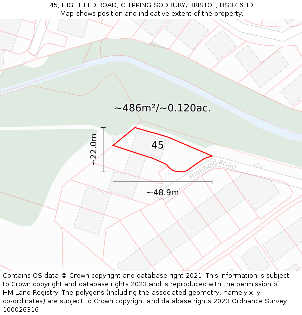45, HIGHFIELD ROAD, CHIPPING SODBURY, BRISTOL, BS37 6HD: Plot and title map