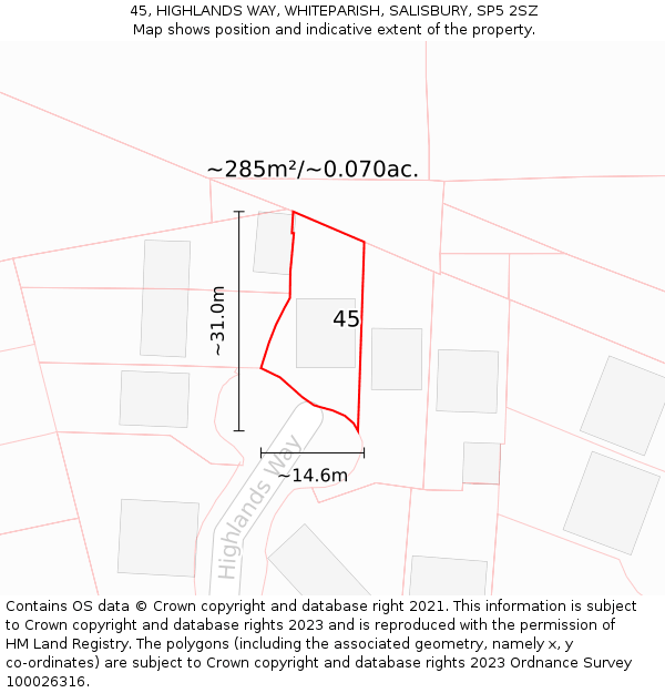 45, HIGHLANDS WAY, WHITEPARISH, SALISBURY, SP5 2SZ: Plot and title map