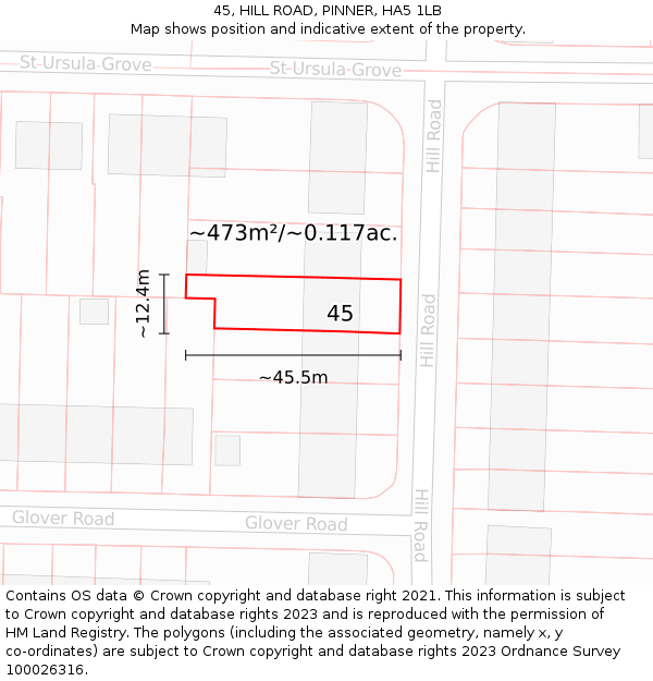 45, HILL ROAD, PINNER, HA5 1LB: Plot and title map