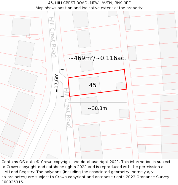 45, HILLCREST ROAD, NEWHAVEN, BN9 9EE: Plot and title map