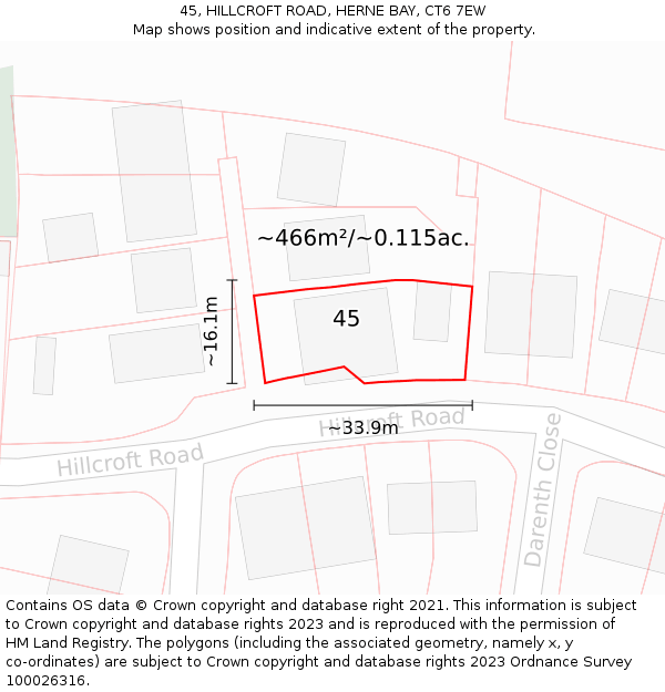 45, HILLCROFT ROAD, HERNE BAY, CT6 7EW: Plot and title map