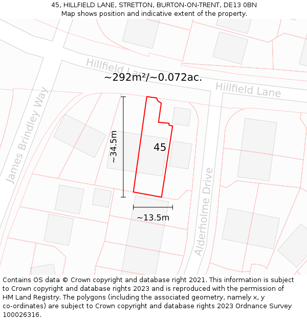 45, HILLFIELD LANE, STRETTON, BURTON-ON-TRENT, DE13 0BN: Plot and title map