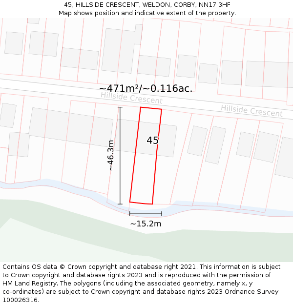 45, HILLSIDE CRESCENT, WELDON, CORBY, NN17 3HF: Plot and title map