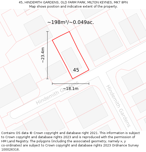 45, HINDEMITH GARDENS, OLD FARM PARK, MILTON KEYNES, MK7 8PN: Plot and title map