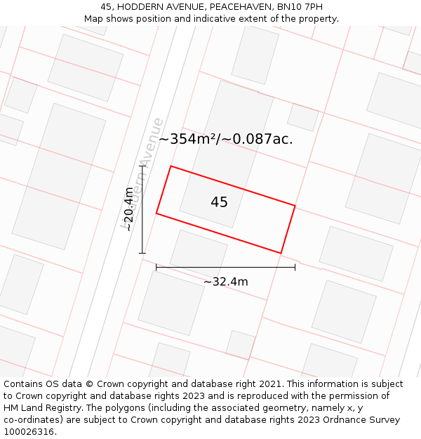 45, HODDERN AVENUE, PEACEHAVEN, BN10 7PH: Plot and title map