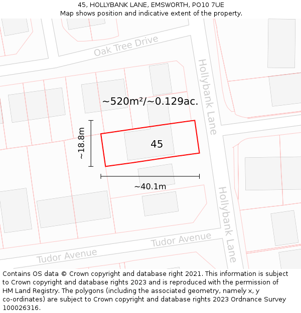 45, HOLLYBANK LANE, EMSWORTH, PO10 7UE: Plot and title map