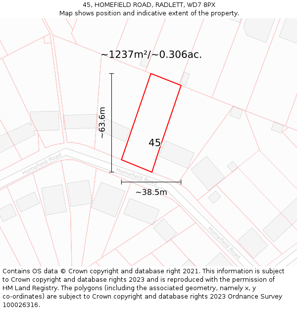 45, HOMEFIELD ROAD, RADLETT, WD7 8PX: Plot and title map