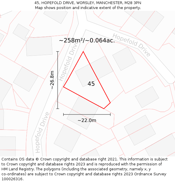 45, HOPEFOLD DRIVE, WORSLEY, MANCHESTER, M28 3PN: Plot and title map