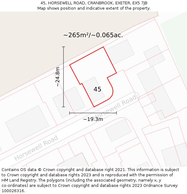 45, HORSEWELL ROAD, CRANBROOK, EXETER, EX5 7JB: Plot and title map