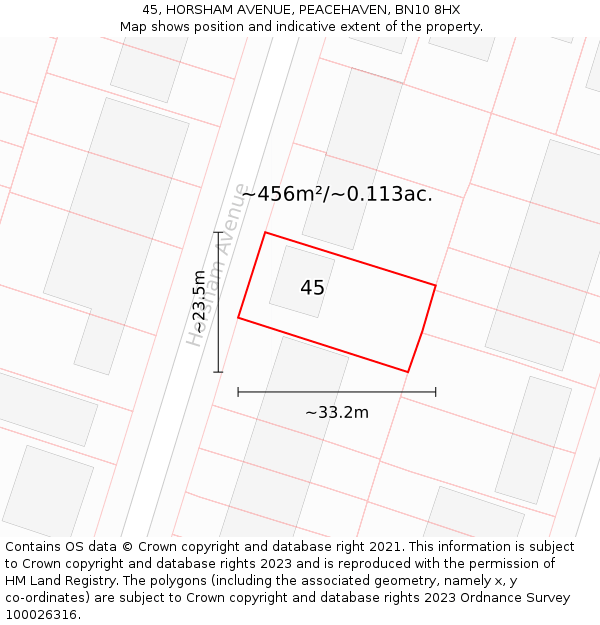 45, HORSHAM AVENUE, PEACEHAVEN, BN10 8HX: Plot and title map