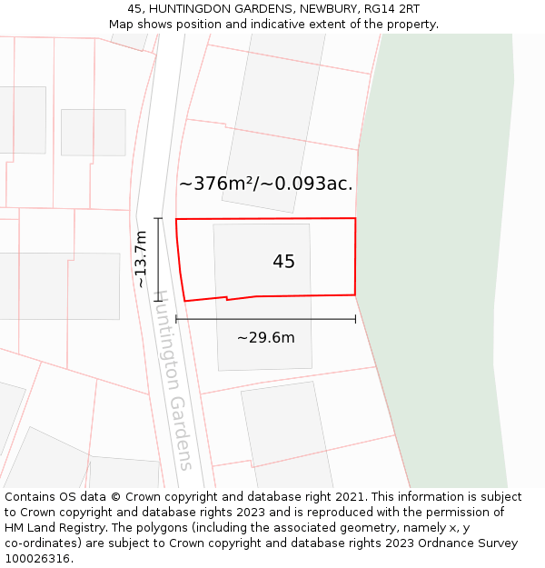 45, HUNTINGDON GARDENS, NEWBURY, RG14 2RT: Plot and title map