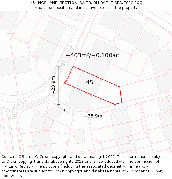45, INGS LANE, BROTTON, SALTBURN-BY-THE-SEA, TS12 2QQ: Plot and title map