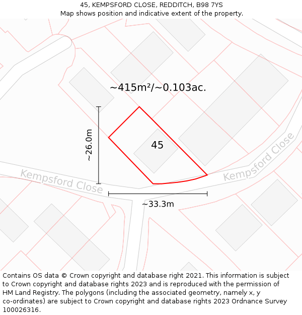 45, KEMPSFORD CLOSE, REDDITCH, B98 7YS: Plot and title map