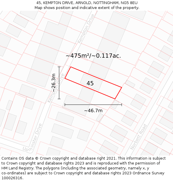 45, KEMPTON DRIVE, ARNOLD, NOTTINGHAM, NG5 8EU: Plot and title map