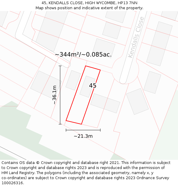 45, KENDALLS CLOSE, HIGH WYCOMBE, HP13 7NN: Plot and title map