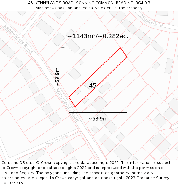 45, KENNYLANDS ROAD, SONNING COMMON, READING, RG4 9JR: Plot and title map