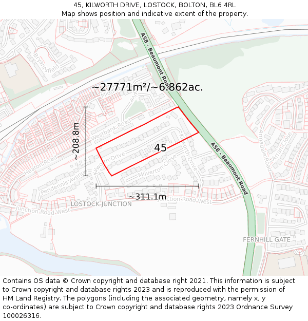 45, KILWORTH DRIVE, LOSTOCK, BOLTON, BL6 4RL: Plot and title map