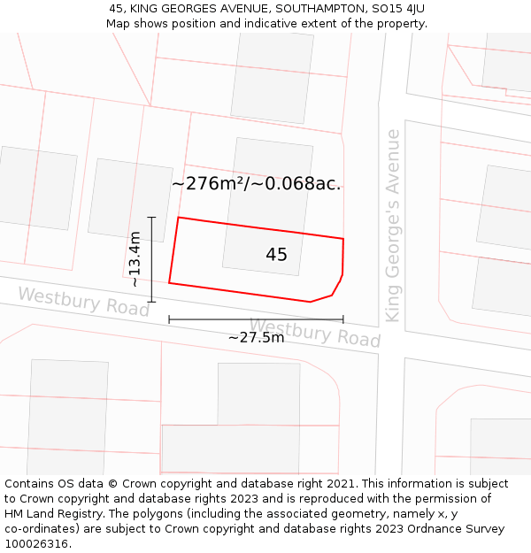 45, KING GEORGES AVENUE, SOUTHAMPTON, SO15 4JU: Plot and title map