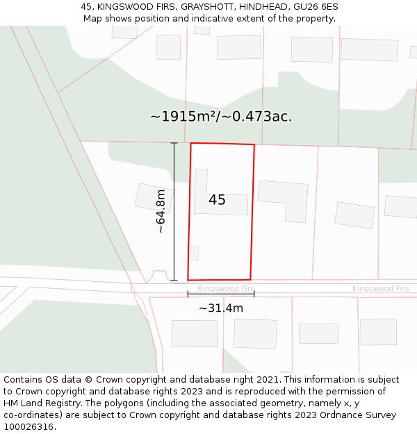 45, KINGSWOOD FIRS, GRAYSHOTT, HINDHEAD, GU26 6ES: Plot and title map