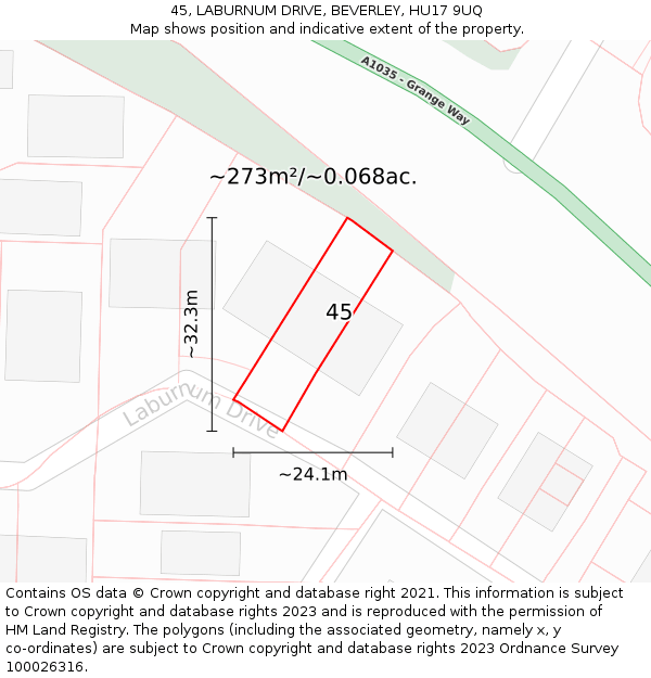 45, LABURNUM DRIVE, BEVERLEY, HU17 9UQ: Plot and title map