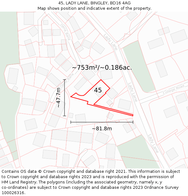 45, LADY LANE, BINGLEY, BD16 4AG: Plot and title map