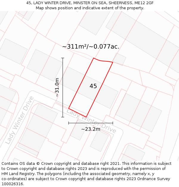 45, LADY WINTER DRIVE, MINSTER ON SEA, SHEERNESS, ME12 2GF: Plot and title map