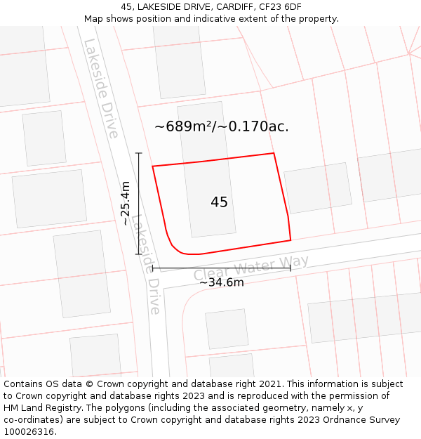 45, LAKESIDE DRIVE, CARDIFF, CF23 6DF: Plot and title map