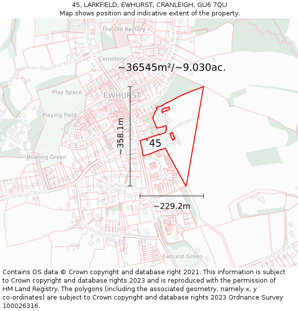 45, LARKFIELD, EWHURST, CRANLEIGH, GU6 7QU: Plot and title map