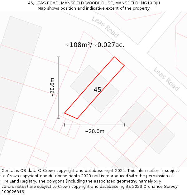 45, LEAS ROAD, MANSFIELD WOODHOUSE, MANSFIELD, NG19 8JH: Plot and title map