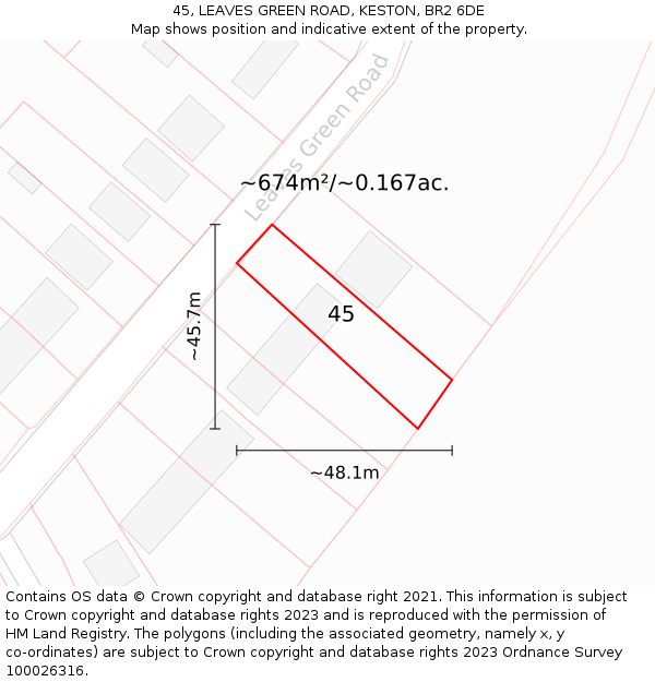 45, LEAVES GREEN ROAD, KESTON, BR2 6DE: Plot and title map