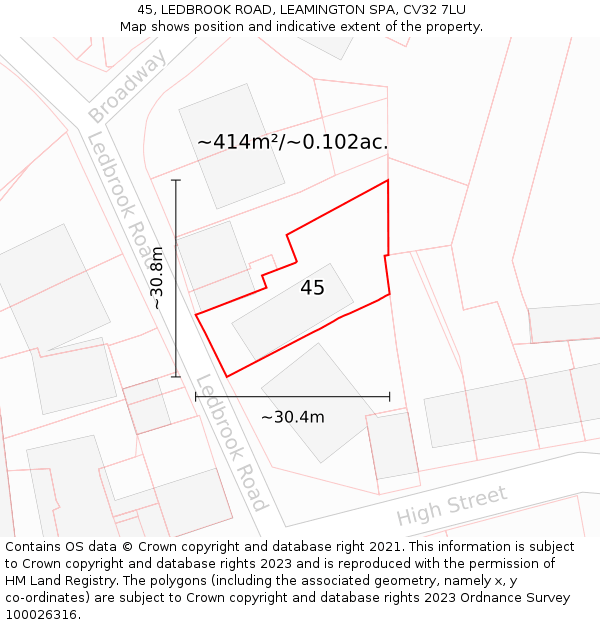 45, LEDBROOK ROAD, LEAMINGTON SPA, CV32 7LU: Plot and title map