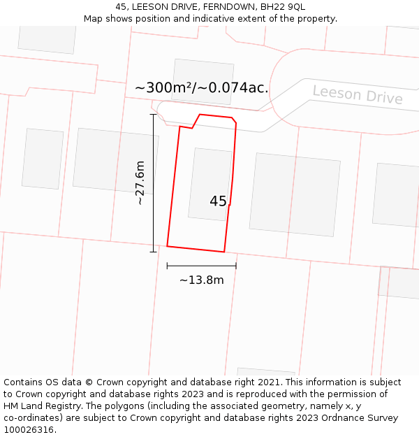 45, LEESON DRIVE, FERNDOWN, BH22 9QL: Plot and title map