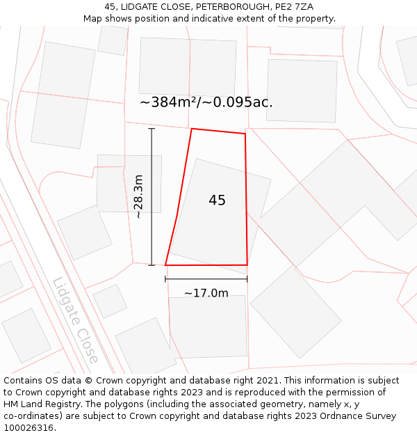 45, LIDGATE CLOSE, PETERBOROUGH, PE2 7ZA: Plot and title map