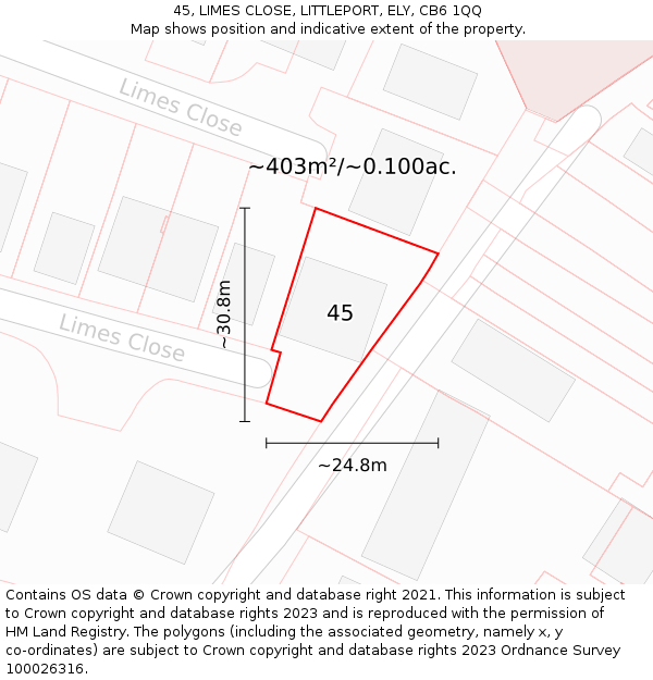 45, LIMES CLOSE, LITTLEPORT, ELY, CB6 1QQ: Plot and title map