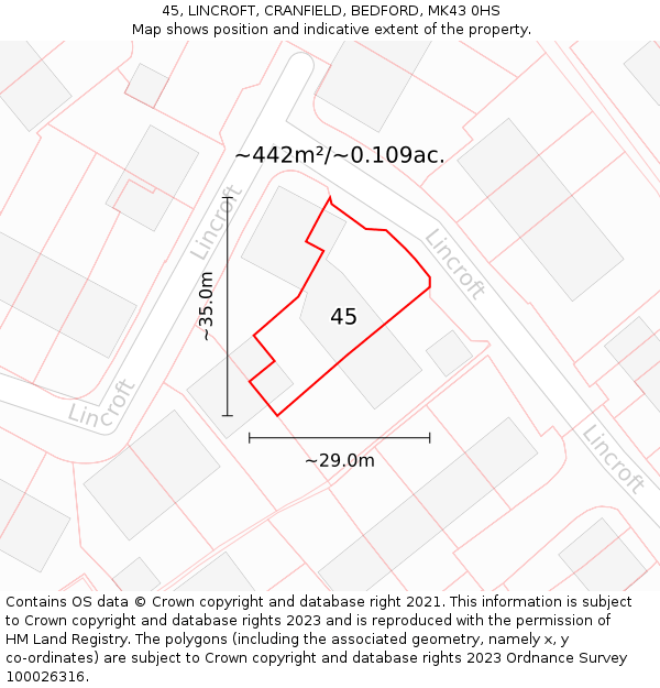 45, LINCROFT, CRANFIELD, BEDFORD, MK43 0HS: Plot and title map