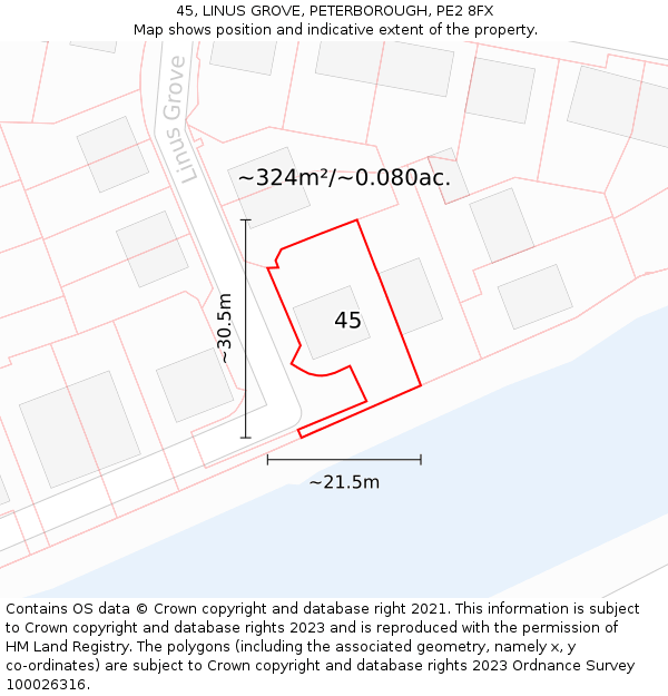 45, LINUS GROVE, PETERBOROUGH, PE2 8FX: Plot and title map