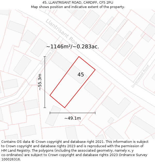 45, LLANTRISANT ROAD, CARDIFF, CF5 2PU: Plot and title map