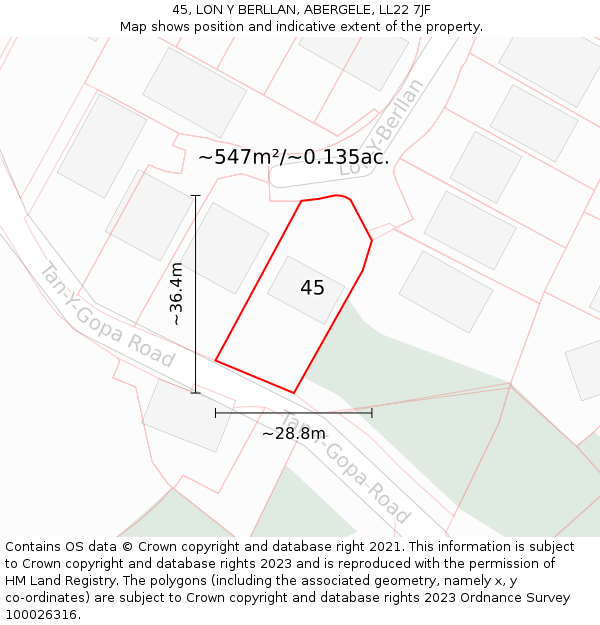 45, LON Y BERLLAN, ABERGELE, LL22 7JF: Plot and title map