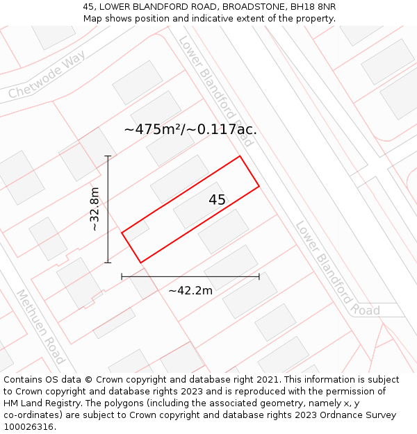 45, LOWER BLANDFORD ROAD, BROADSTONE, BH18 8NR: Plot and title map