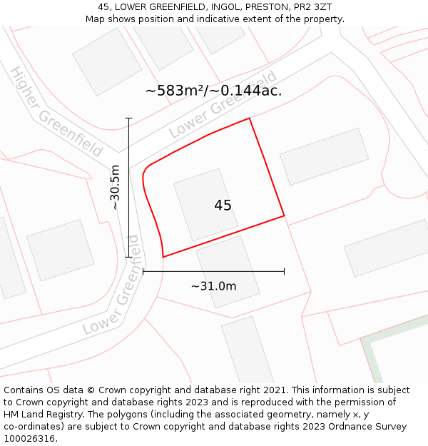 45, LOWER GREENFIELD, INGOL, PRESTON, PR2 3ZT: Plot and title map