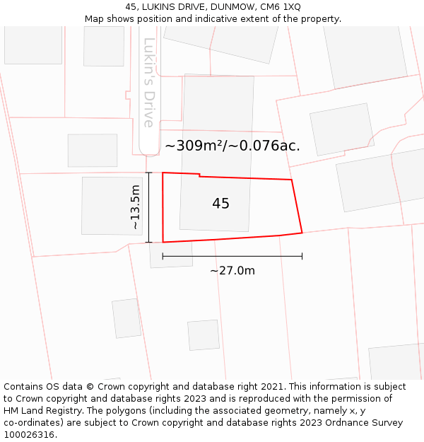 45, LUKINS DRIVE, DUNMOW, CM6 1XQ: Plot and title map