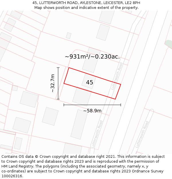 45, LUTTERWORTH ROAD, AYLESTONE, LEICESTER, LE2 8PH: Plot and title map