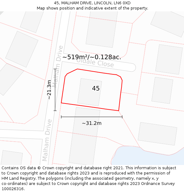 45, MALHAM DRIVE, LINCOLN, LN6 0XD: Plot and title map