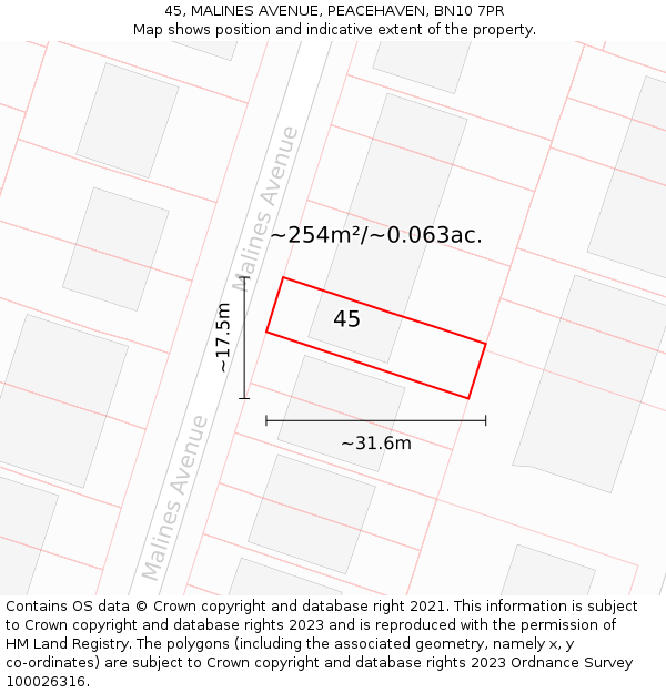 45, MALINES AVENUE, PEACEHAVEN, BN10 7PR: Plot and title map