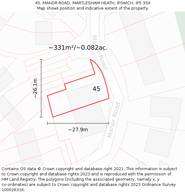 45, MANOR ROAD, MARTLESHAM HEATH, IPSWICH, IP5 3SX: Plot and title map