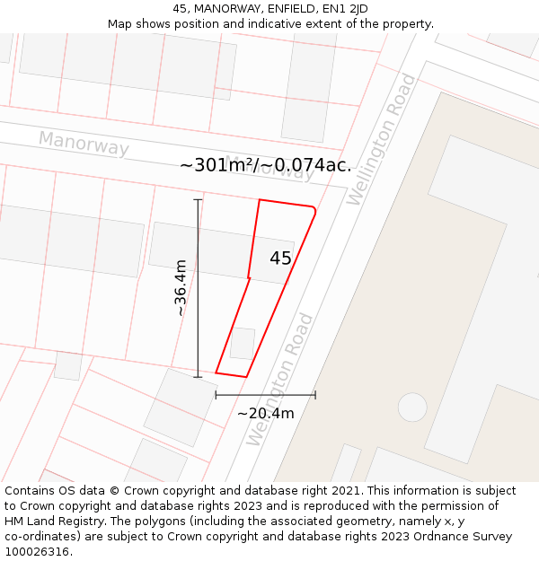 45, MANORWAY, ENFIELD, EN1 2JD: Plot and title map