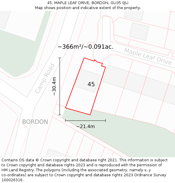 45, MAPLE LEAF DRIVE, BORDON, GU35 0JU: Plot and title map