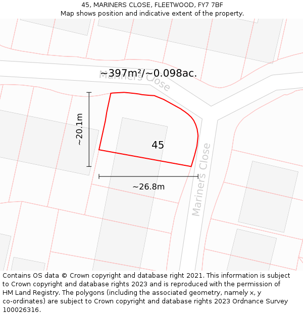 45, MARINERS CLOSE, FLEETWOOD, FY7 7BF: Plot and title map