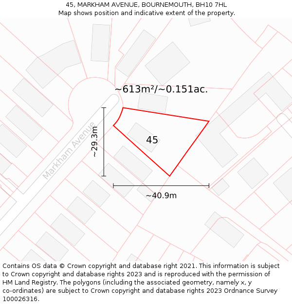 45, MARKHAM AVENUE, BOURNEMOUTH, BH10 7HL: Plot and title map